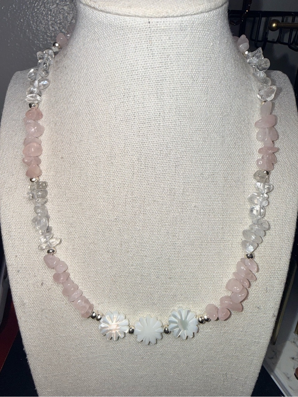 Rose Quartz & Clear Quartz Necklace | Mother of Pearl Flowers | 18.5”
